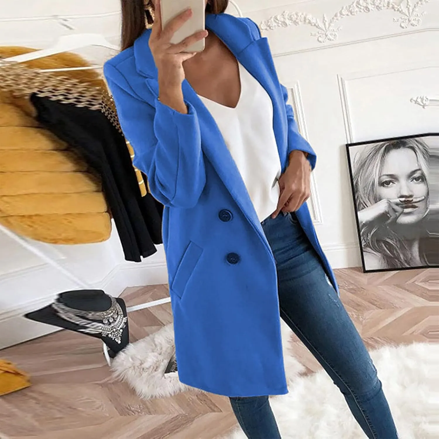 Womens Double Breasted Long Blazers Fall Lapel Suit Jackets Winter Warm Outwear Casual Work Office Cardigan Coats