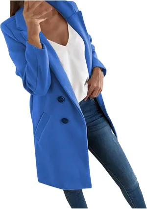 Womens Double Breasted Long Blazers Fall Lapel Suit Jackets Winter Warm Outwear Casual Work Office Cardigan Coats