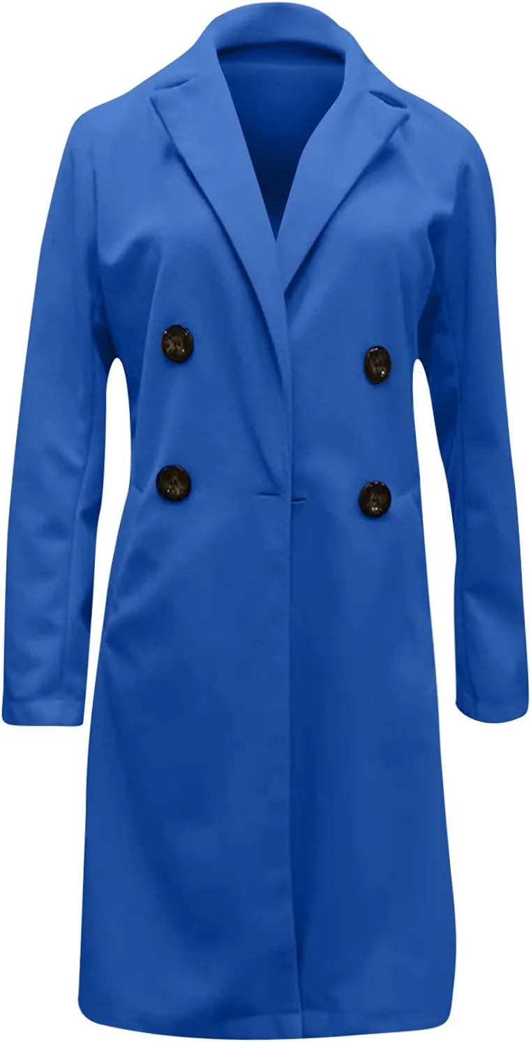 Womens Double Breasted Long Blazers Fall Lapel Suit Jackets Winter Warm Outwear Casual Work Office Cardigan Coats