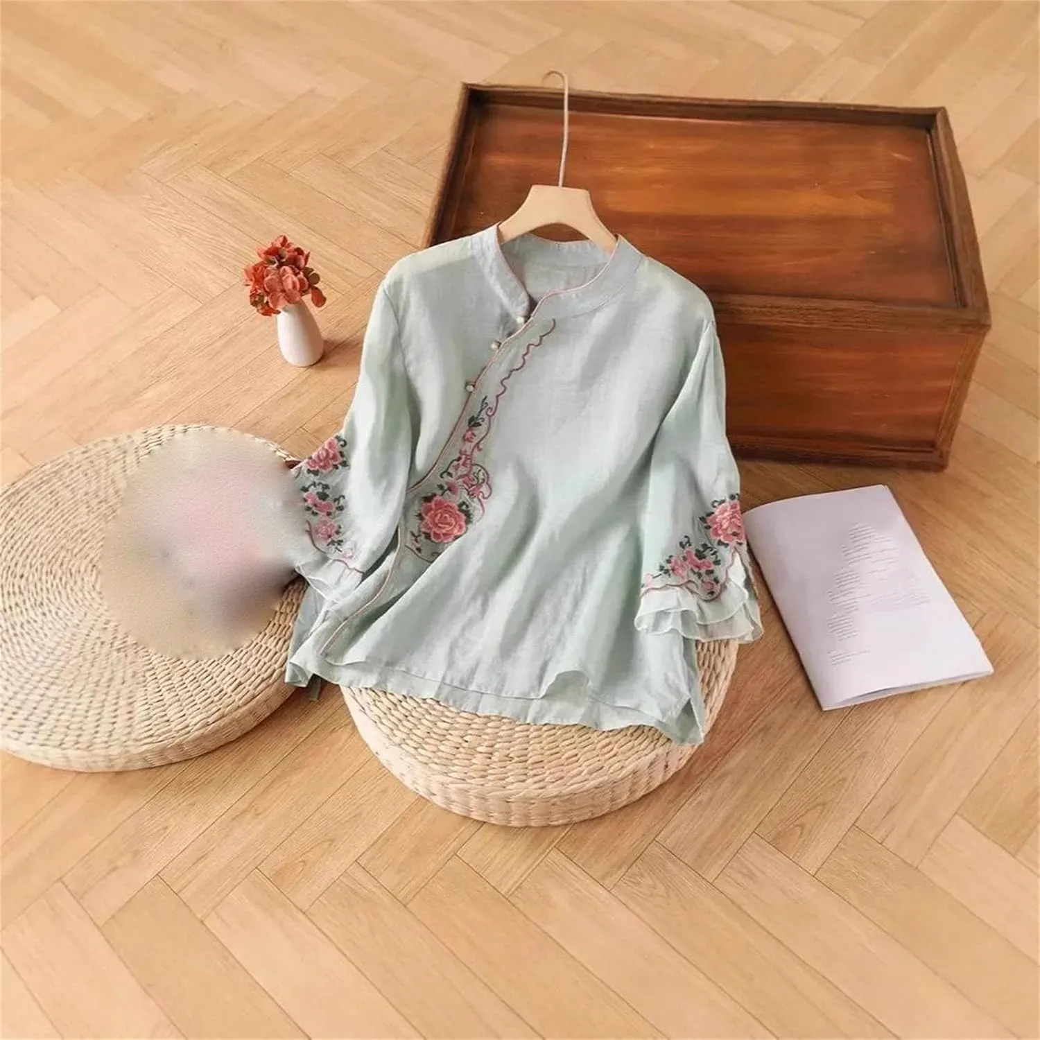 Women's Embroidered Cotton Linen Shirt - Half Sleeve Stand Collar Button Up Blouse Dressy Casual Side Slips Summer Tops