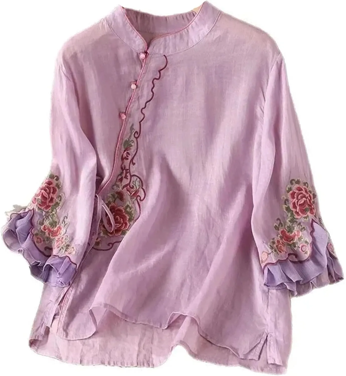 Women's Embroidered Cotton Linen Shirt - Half Sleeve Stand Collar Button Up Blouse Dressy Casual Side Slips Summer Tops