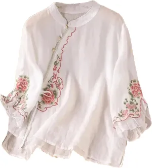 Women's Embroidered Cotton Linen Shirt - Half Sleeve Stand Collar Button Up Blouse Dressy Casual Side Slips Summer Tops