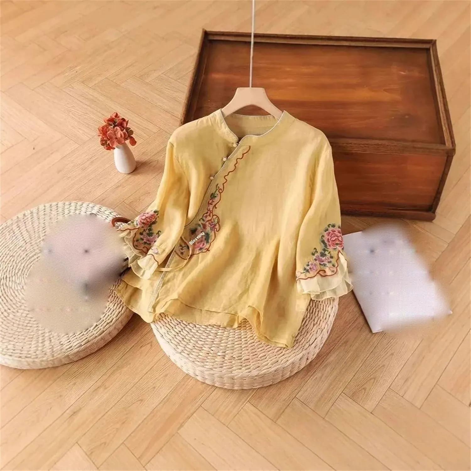 Women's Embroidered Cotton Linen Shirt - Half Sleeve Stand Collar Button Up Blouse Dressy Casual Side Slips Summer Tops