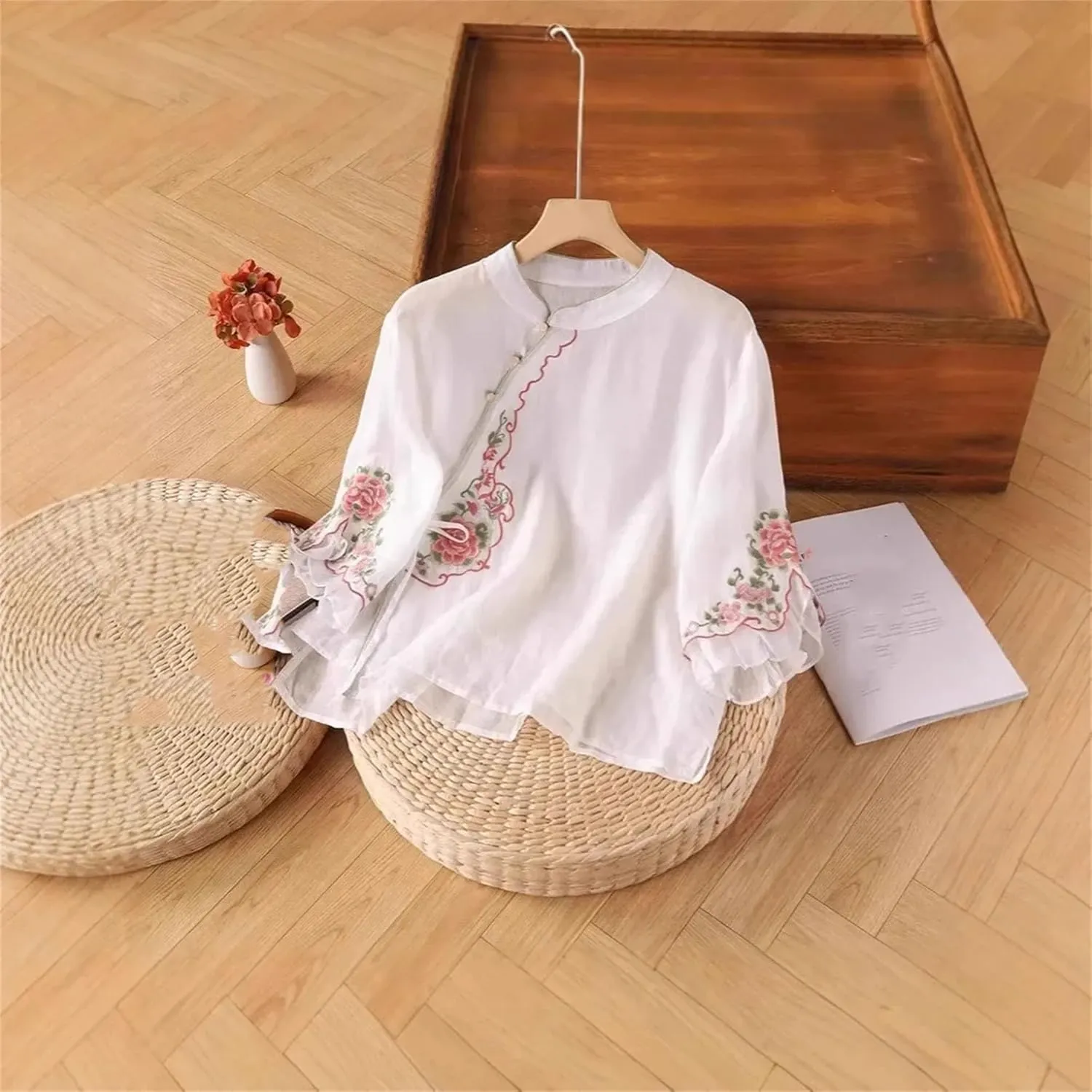 Women's Embroidered Cotton Linen Shirt - Half Sleeve Stand Collar Button Up Blouse Dressy Casual Side Slips Summer Tops