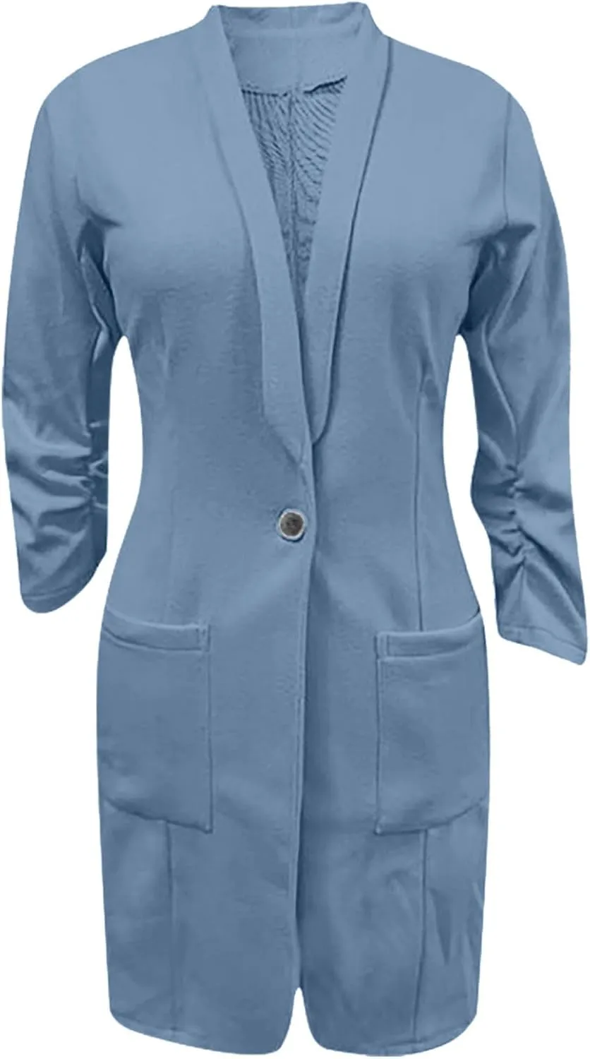 Womens Extra Long Blazer Jackets 3/4 Ruched Sleeve Casual Dressy Blazers Business Work Cardigan Trench Coats