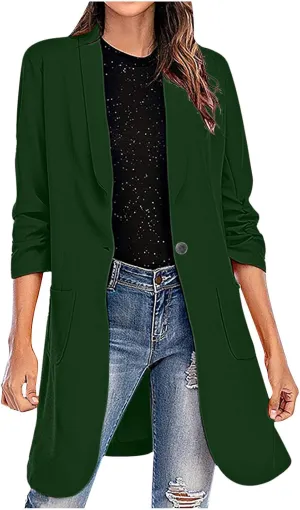 Womens Extra Long Blazer Jackets 3/4 Ruched Sleeve Casual Dressy Blazers Business Work Cardigan Trench Coats