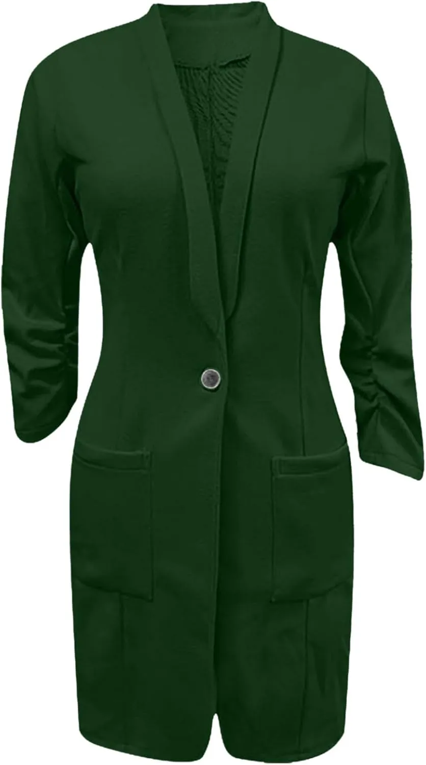 Womens Extra Long Blazer Jackets 3/4 Ruched Sleeve Casual Dressy Blazers Business Work Cardigan Trench Coats