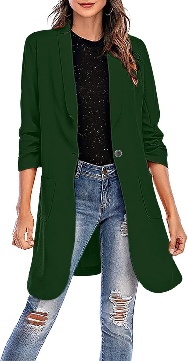 Womens Extra Long Blazer Jackets 3/4 Ruched Sleeve Casual Dressy Blazers Business Work Cardigan Trench Coats