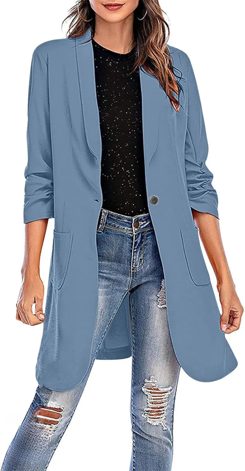Womens Extra Long Blazer Jackets 3/4 Ruched Sleeve Casual Dressy Blazers Business Work Cardigan Trench Coats