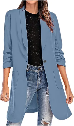 Womens Extra Long Blazer Jackets 3/4 Ruched Sleeve Casual Dressy Blazers Business Work Cardigan Trench Coats