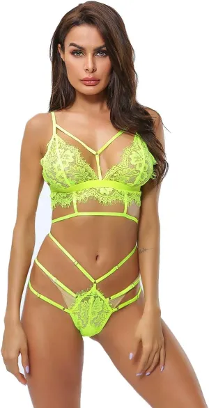 Women's Eyelash Lace Lingerie Set 2 Piece Micro Bikini Sheer Mesh Lace Strappy Bralette and Thong Panty Set G-String