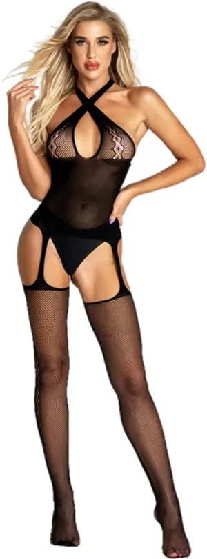 Women's Fishnet Sexy Lingerie Lace Mesh Babydoll Chemise Nightwear Halter Garter Dress