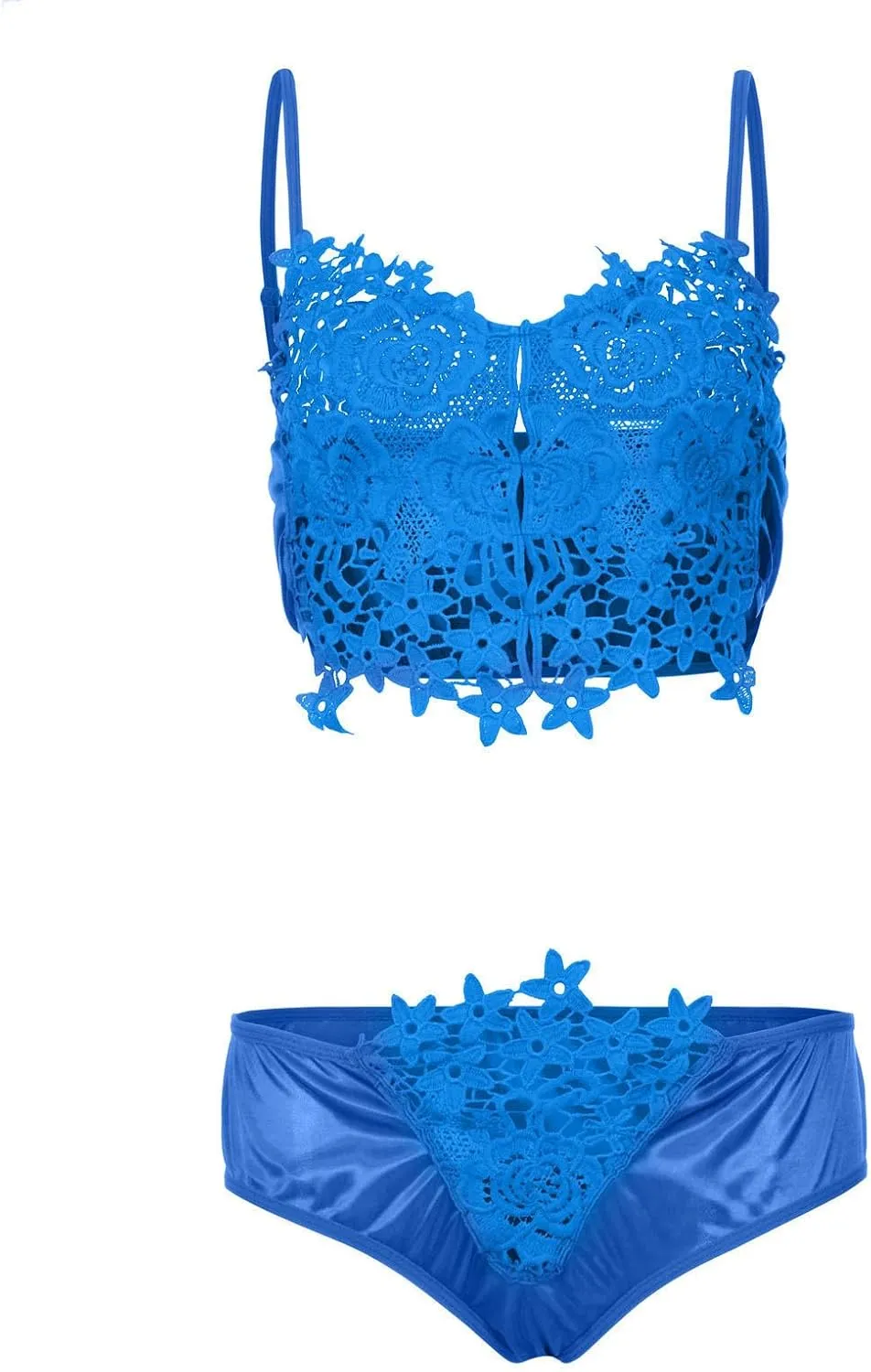 Womens Hollow Out Floral Lace Sheer Lingerie Bra and Panty Sets Full Slips Sexy Strappy Deep V Bralette and Panty Set
