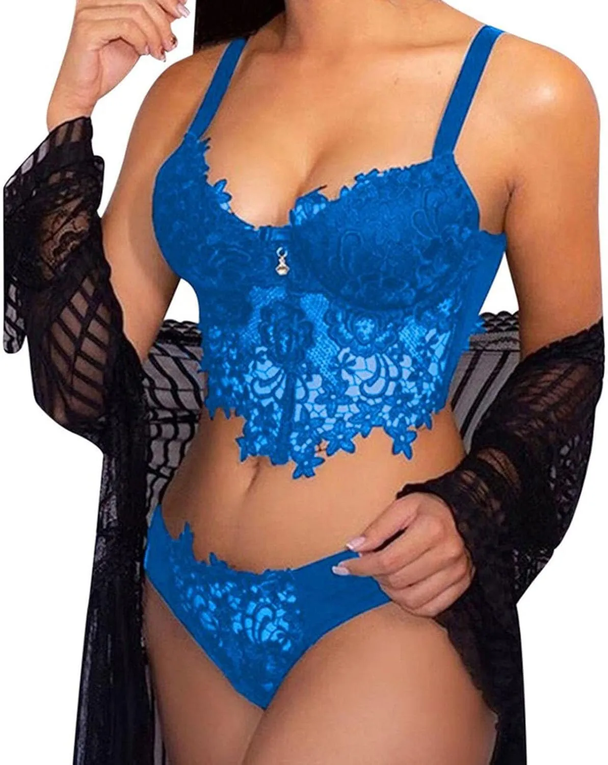 Womens Hollow Out Floral Lace Sheer Lingerie Bra and Panty Sets Full Slips Sexy Strappy Deep V Bralette and Panty Set