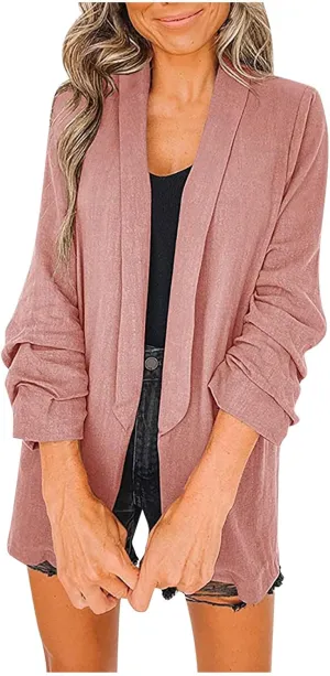 Womens Linen Blazer Casual Ruched 3/4 Sleeve Open Front Notched Lapel Jackets Lightweight Work Office Blazer Jackets