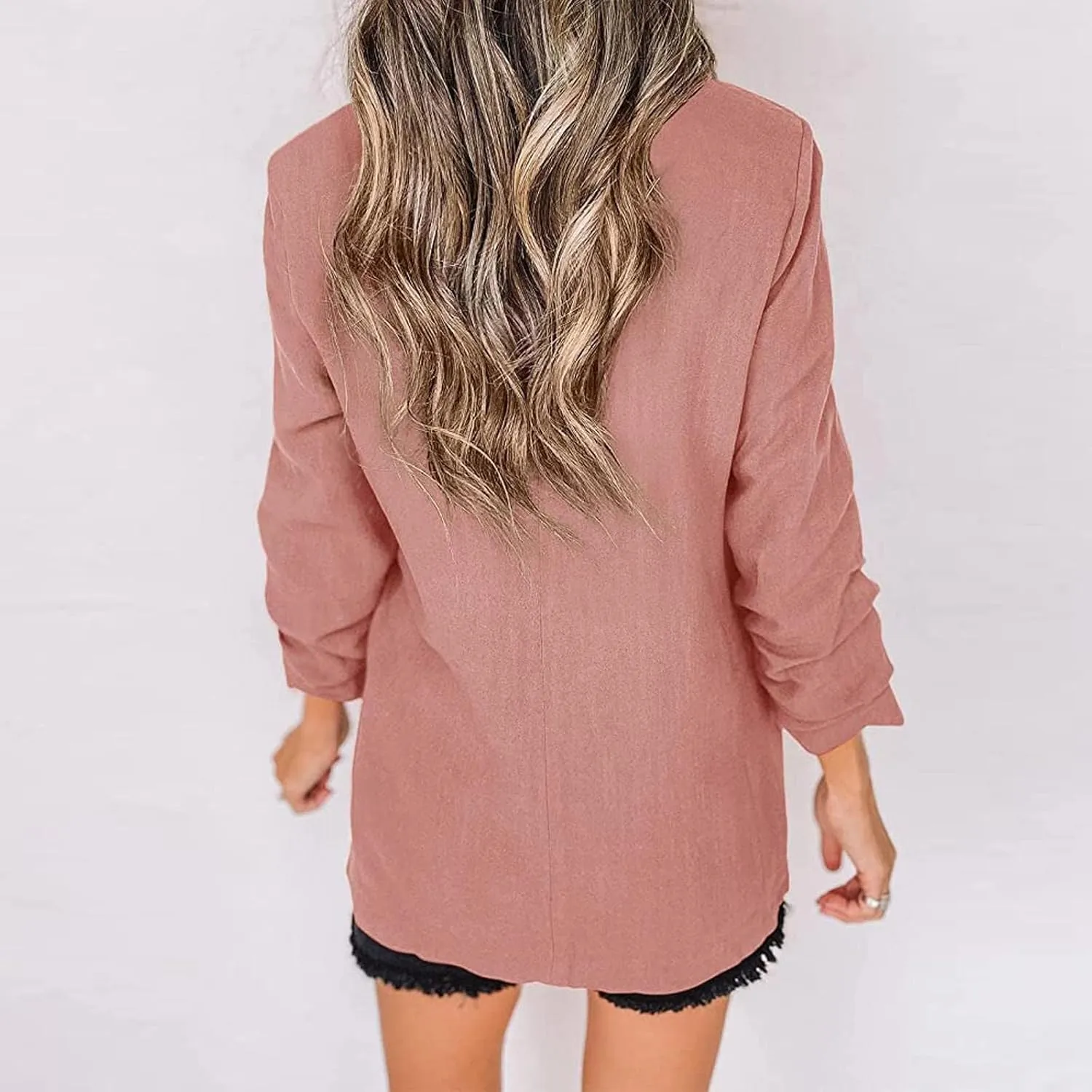 Womens Linen Blazer Casual Ruched 3/4 Sleeve Open Front Notched Lapel Jackets Lightweight Work Office Blazer Jackets