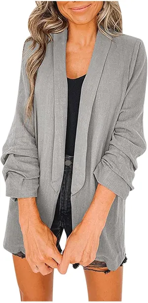 Womens Linen Blazer Casual Ruched 3/4 Sleeve Open Front Notched Lapel Jackets Lightweight Work Office Blazer Jackets