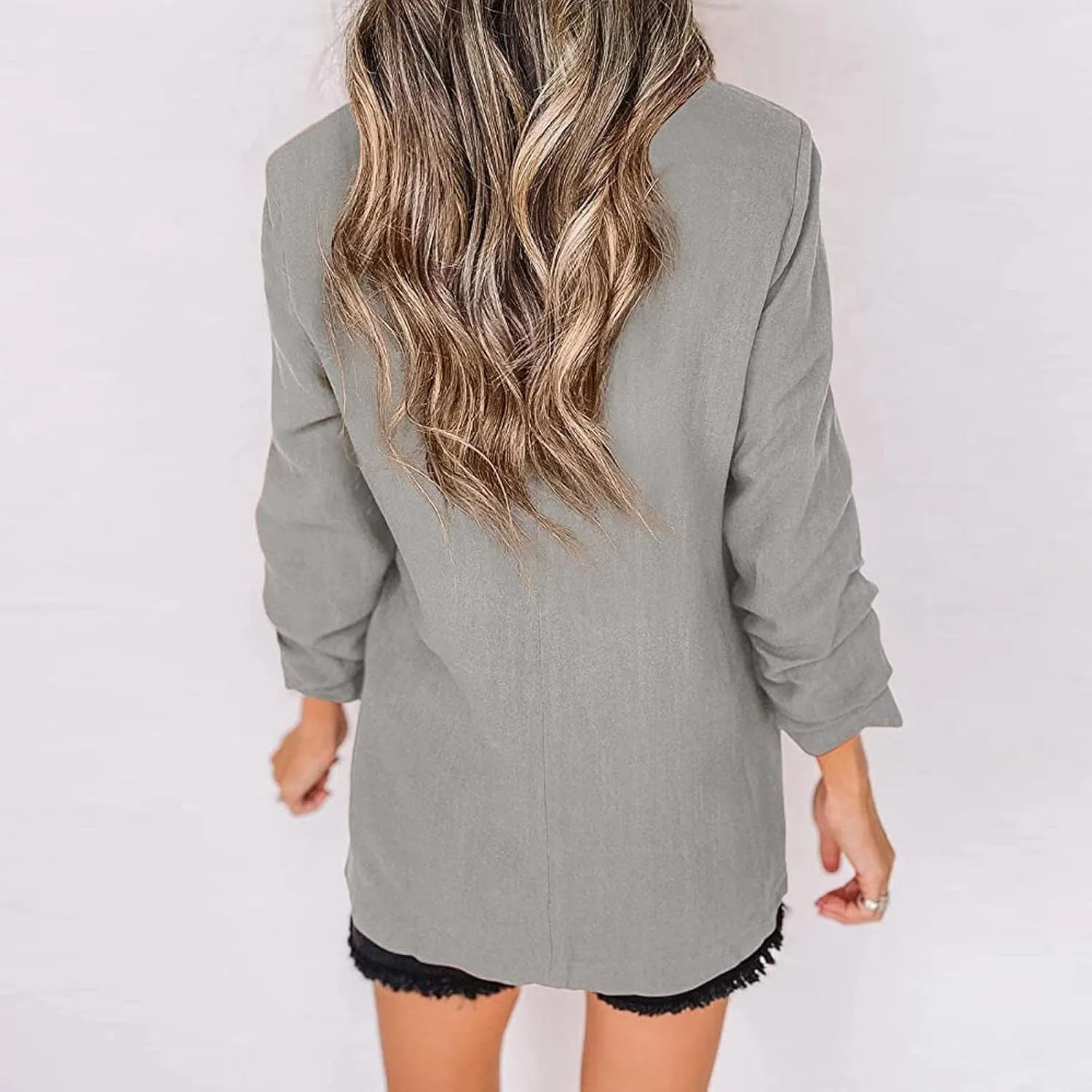 Womens Linen Blazer Casual Ruched 3/4 Sleeve Open Front Notched Lapel Jackets Lightweight Work Office Blazer Jackets