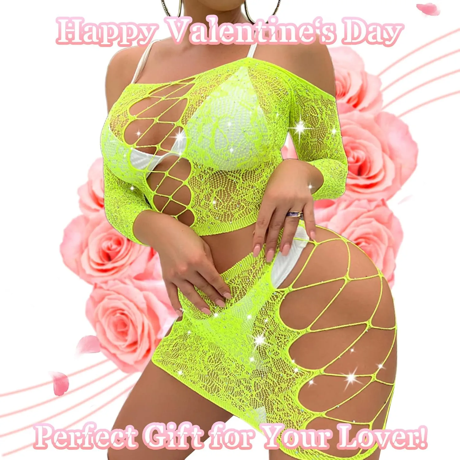 Womens Lingerie Set Naughty Lace Fishnet BabyDoll Bodysuit Nightwear Teddy 2 Piece Suits
