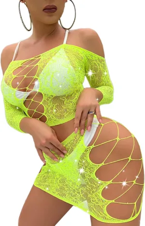 Womens Lingerie Set Naughty Lace Fishnet BabyDoll Bodysuit Nightwear Teddy 2 Piece Suits