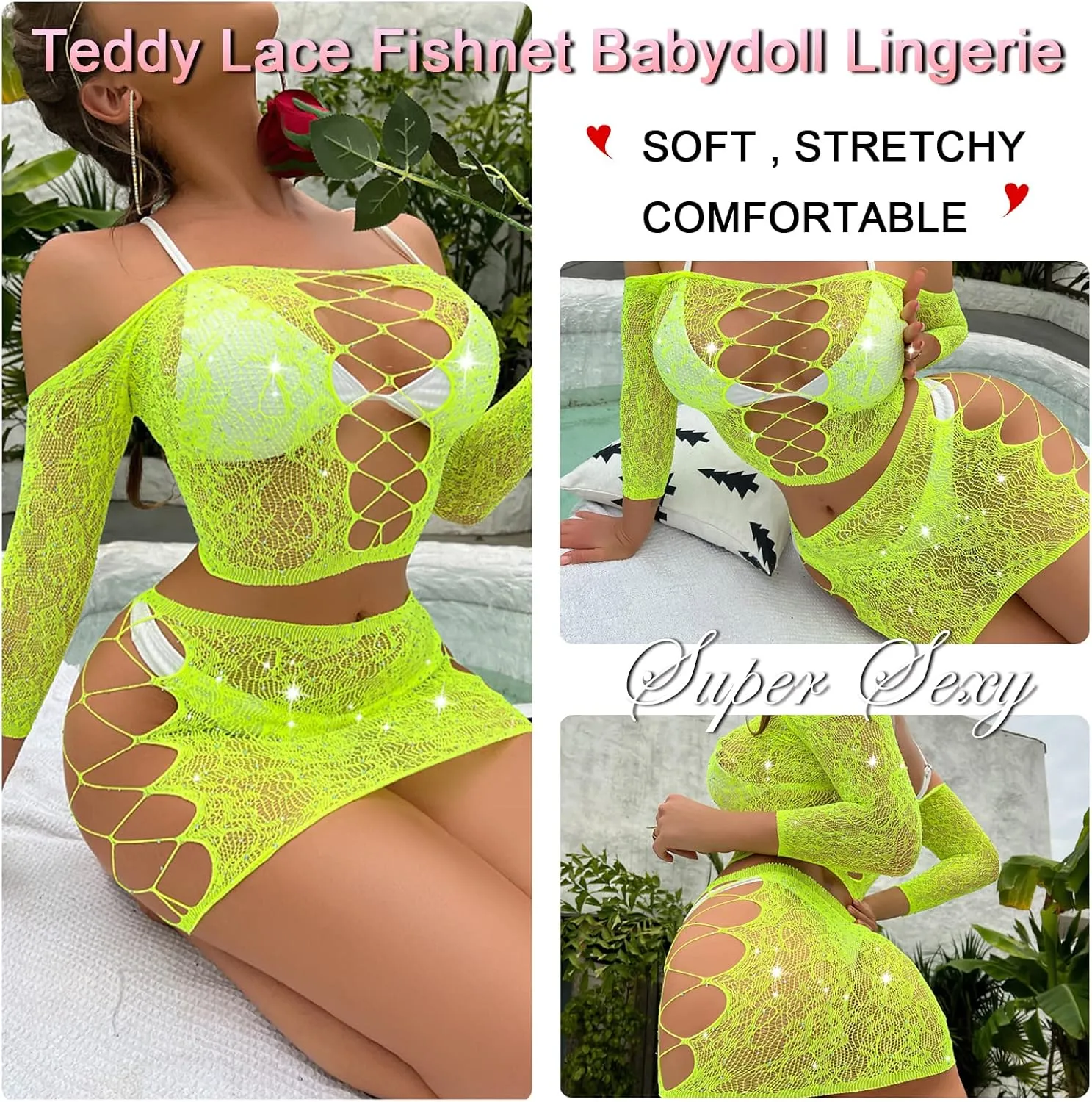 Womens Lingerie Set Naughty Lace Fishnet BabyDoll Bodysuit Nightwear Teddy 2 Piece Suits