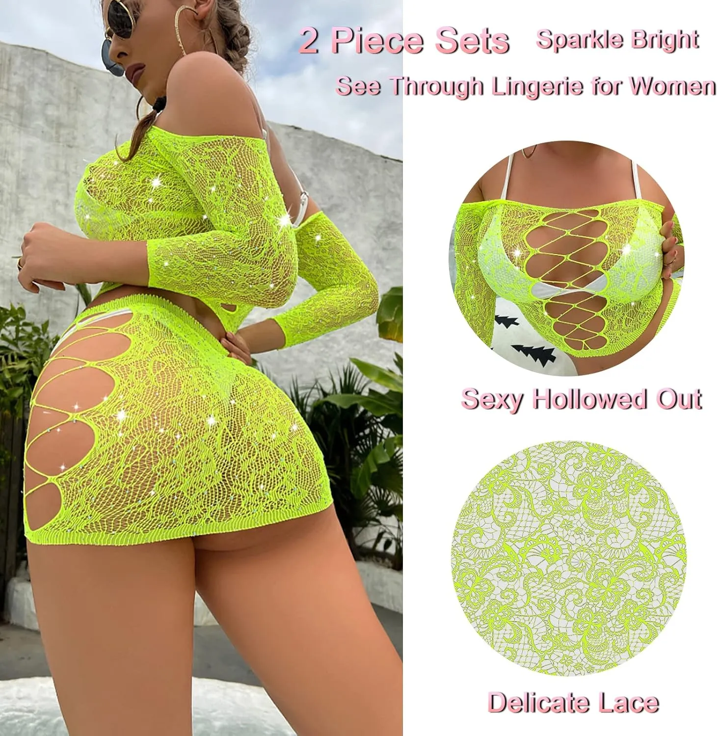 Womens Lingerie Set Naughty Lace Fishnet BabyDoll Bodysuit Nightwear Teddy 2 Piece Suits