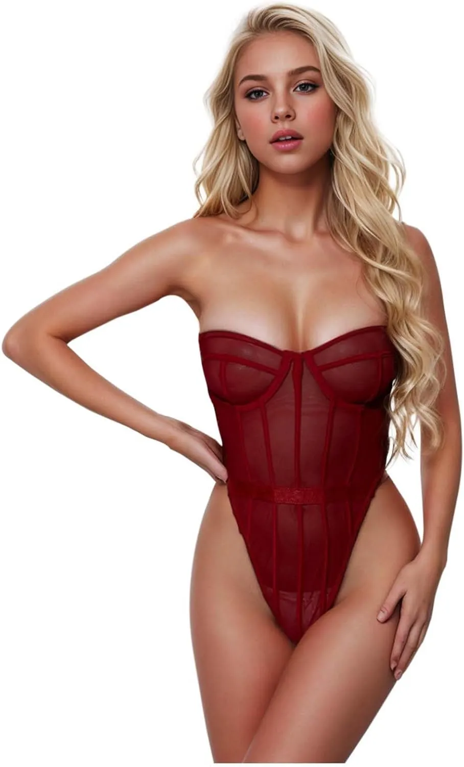 Women's Lingerie Set Thigh Bands Nightwear Mesh Chemise Lace Babydoll Low Waist Full Slips Sets