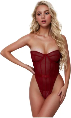 Women's Lingerie Set Thigh Bands Nightwear Mesh Chemise Lace Babydoll Low Waist Full Slips Sets