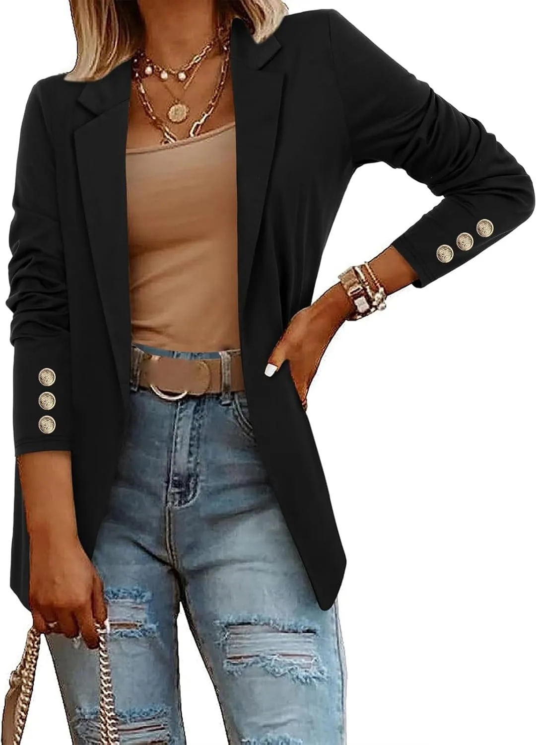 Womens Long Sleeve Blazers Dressy Lapel Open Front Blazer Casual Solid Color Lightweight Suit Jacket with Buttons