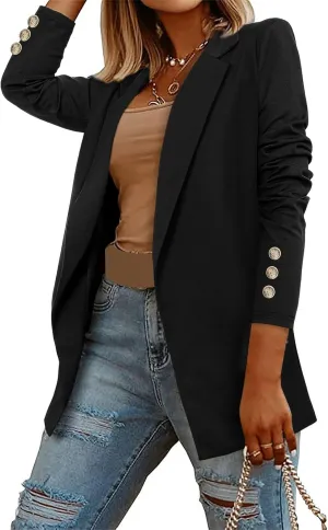 Womens Long Sleeve Blazers Dressy Lapel Open Front Blazer Casual Solid Color Lightweight Suit Jacket with Buttons