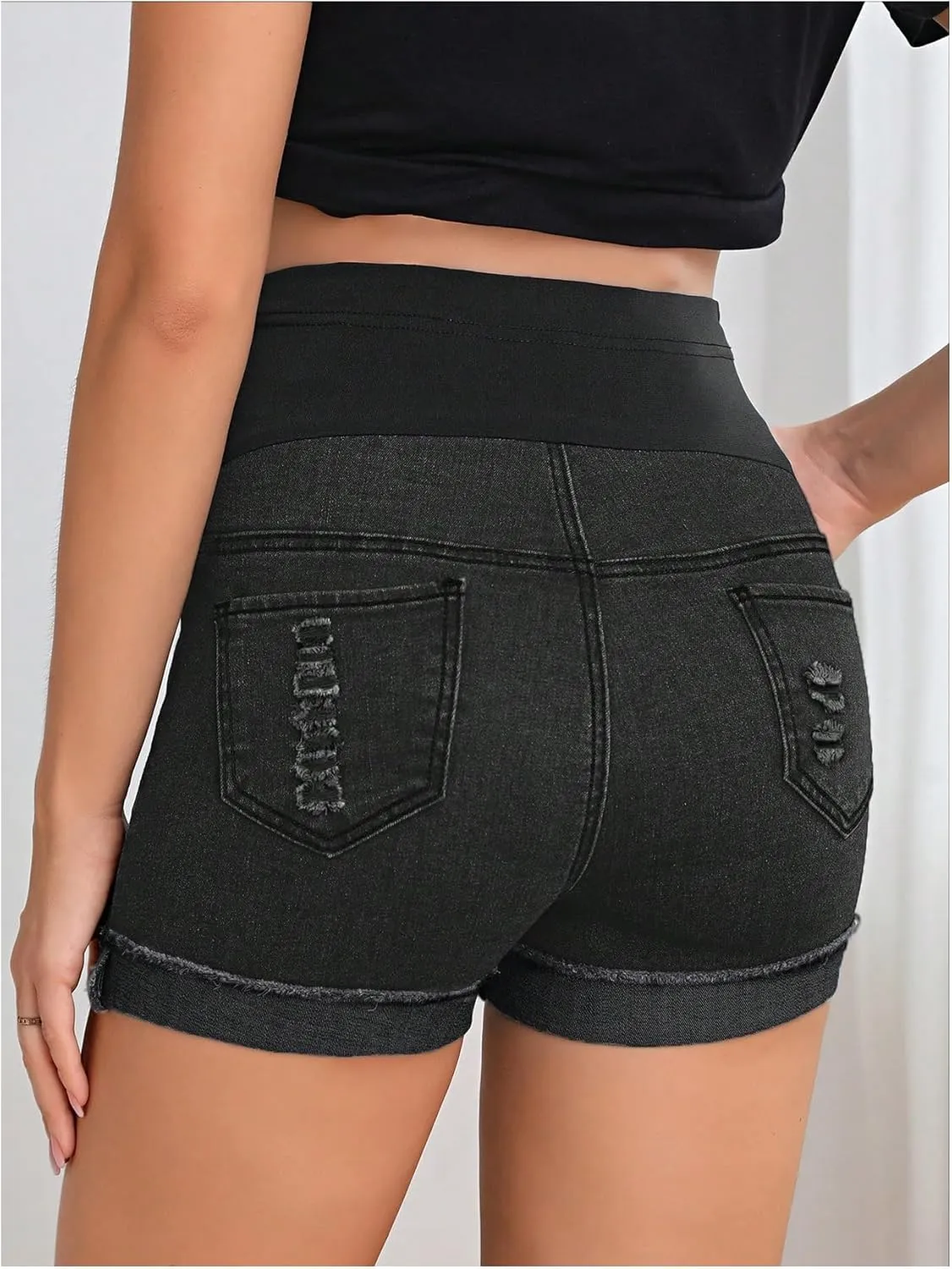 Women's Maternity Adjustable High Waist Ripped Roll Up Hem Denim Mini Shorts with Pocket