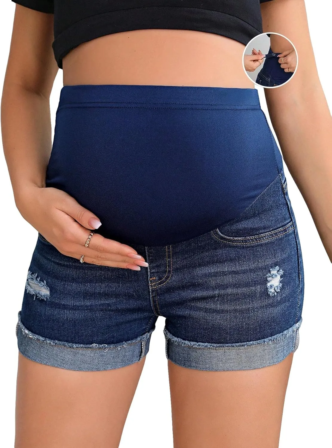 Women's Maternity Adjustable High Waist Ripped Roll Up Hem Denim Mini Shorts with Pocket