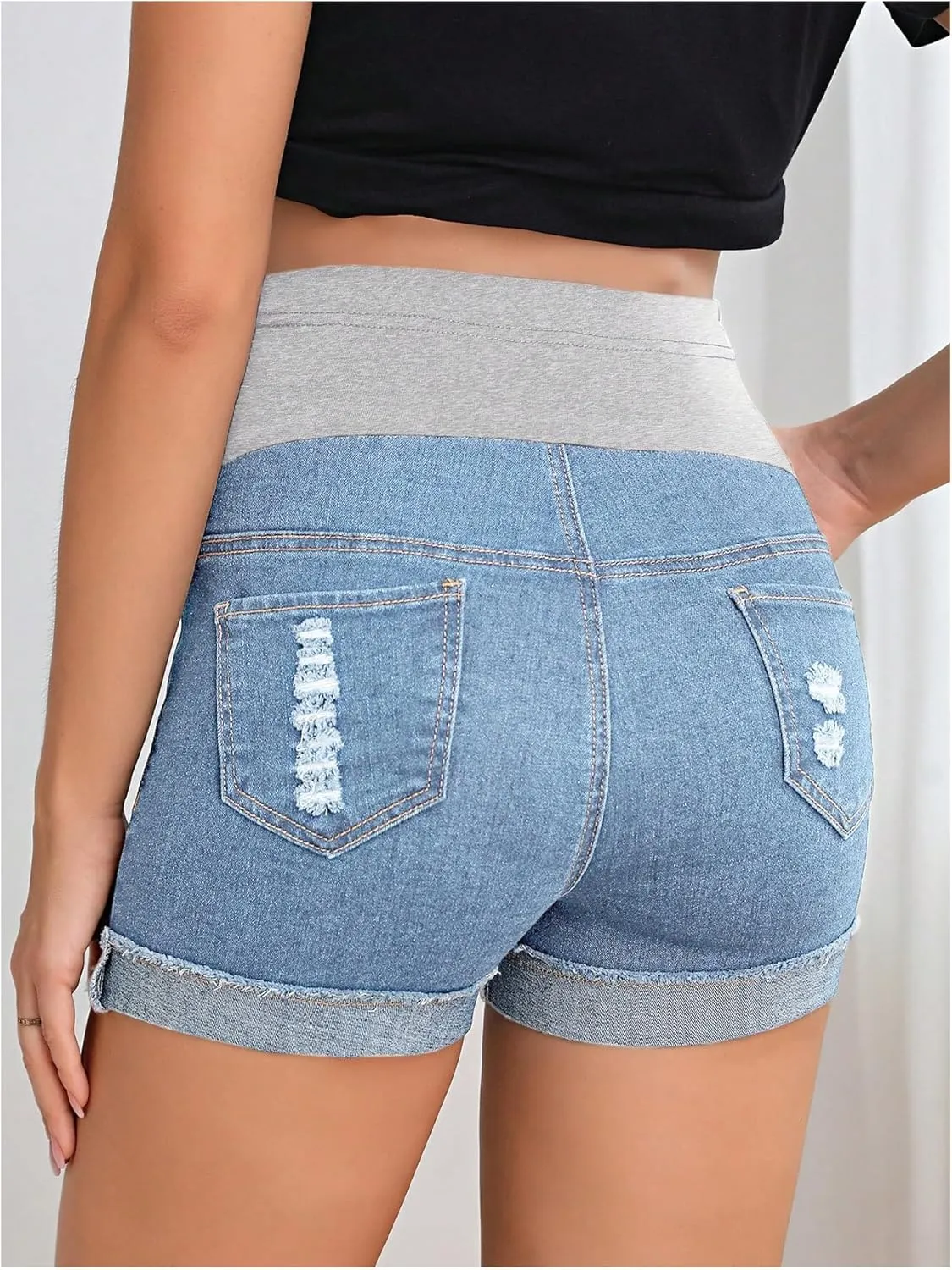 Women's Maternity Adjustable High Waist Ripped Roll Up Hem Denim Mini Shorts with Pocket