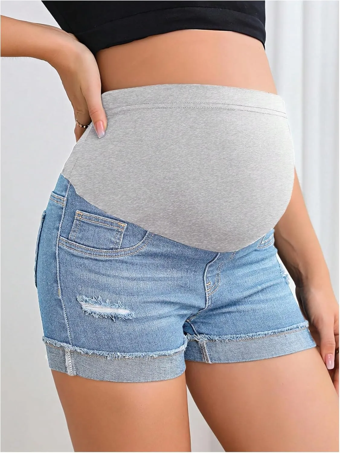 Women's Maternity Adjustable High Waist Ripped Roll Up Hem Denim Mini Shorts with Pocket