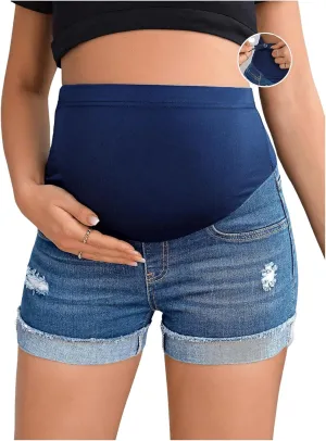 Women's Maternity Adjustable High Waist Ripped Roll Up Hem Denim Mini Shorts with Pocket