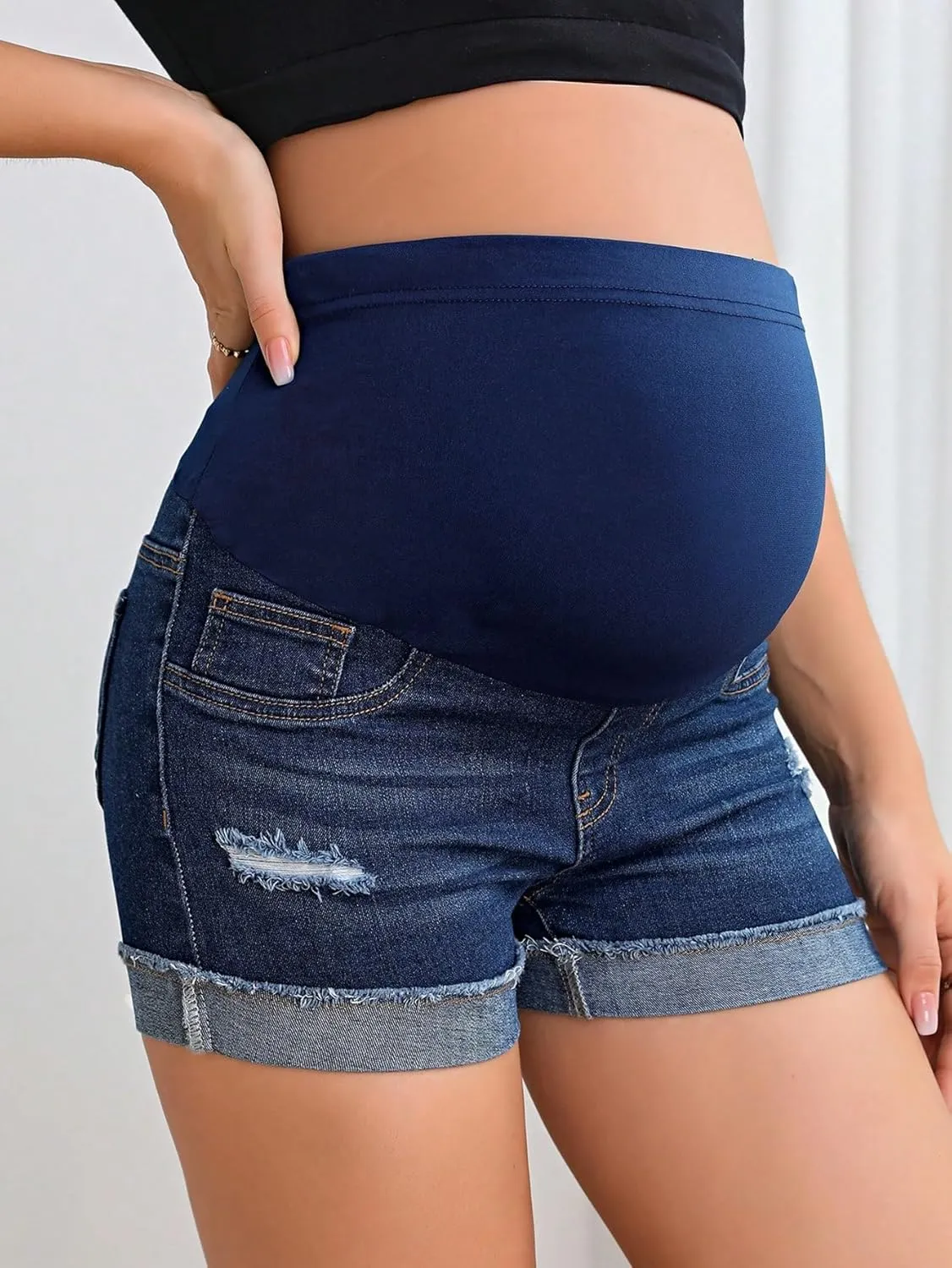 Women's Maternity Adjustable High Waist Ripped Roll Up Hem Denim Mini Shorts with Pocket