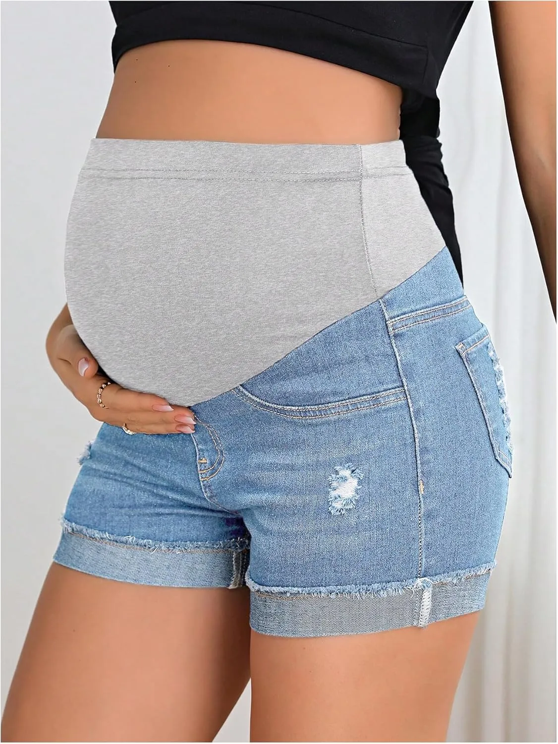 Women's Maternity Adjustable High Waist Ripped Roll Up Hem Denim Mini Shorts with Pocket