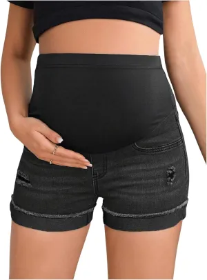 Women's Maternity Adjustable High Waist Ripped Roll Up Hem Denim Mini Shorts with Pocket