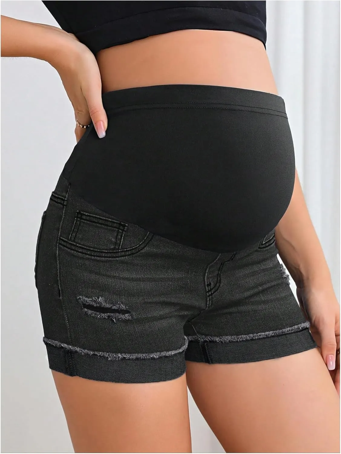 Women's Maternity Adjustable High Waist Ripped Roll Up Hem Denim Mini Shorts with Pocket