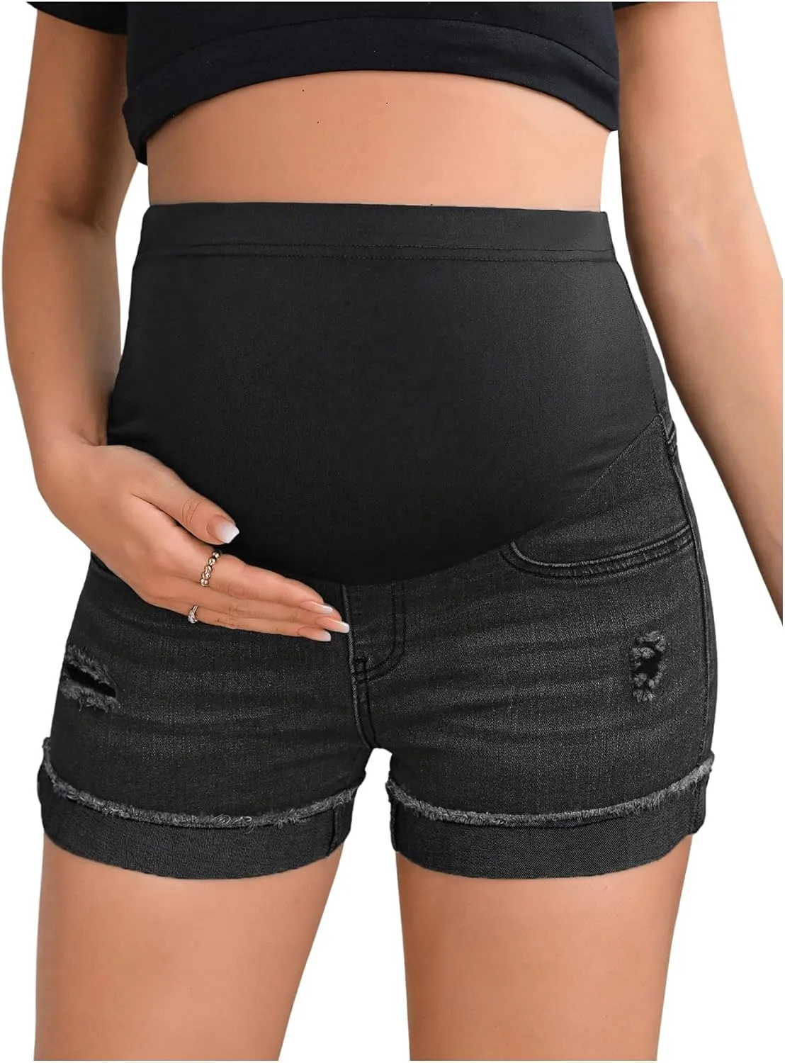 Women's Maternity Adjustable High Waist Ripped Roll Up Hem Denim Mini Shorts with Pocket