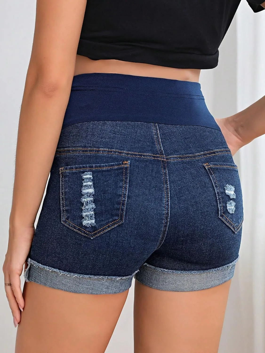 Women's Maternity Adjustable High Waist Ripped Roll Up Hem Denim Mini Shorts with Pocket