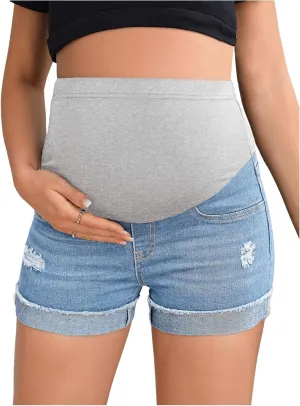 Women's Maternity Adjustable High Waist Ripped Roll Up Hem Denim Mini Shorts with Pocket