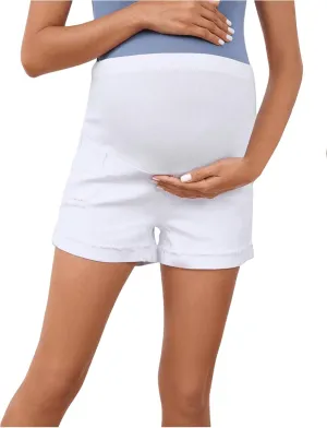 Women's Maternity Adjustable High Waist Ripped Roll Up Hem Denim Mini Shorts with Pocket