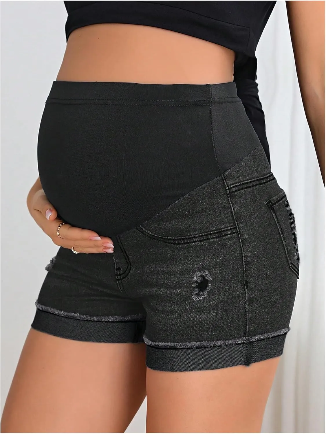 Women's Maternity Adjustable High Waist Ripped Roll Up Hem Denim Mini Shorts with Pocket