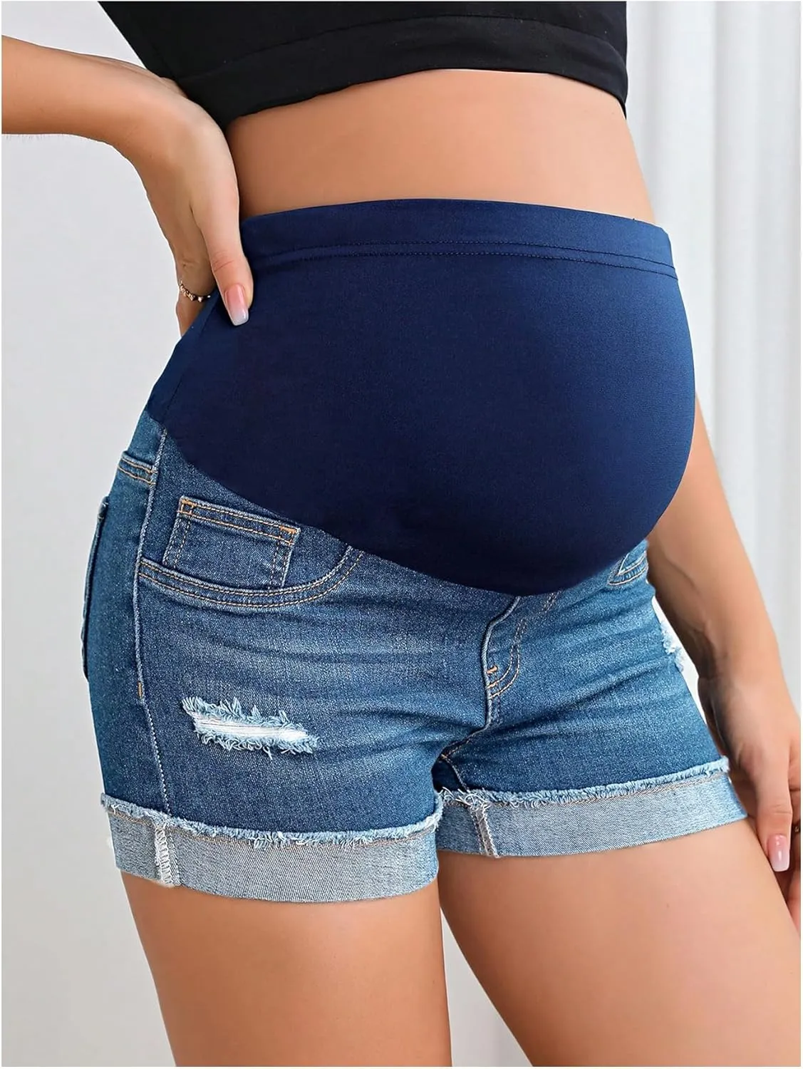 Women's Maternity Adjustable High Waist Ripped Roll Up Hem Denim Mini Shorts with Pocket