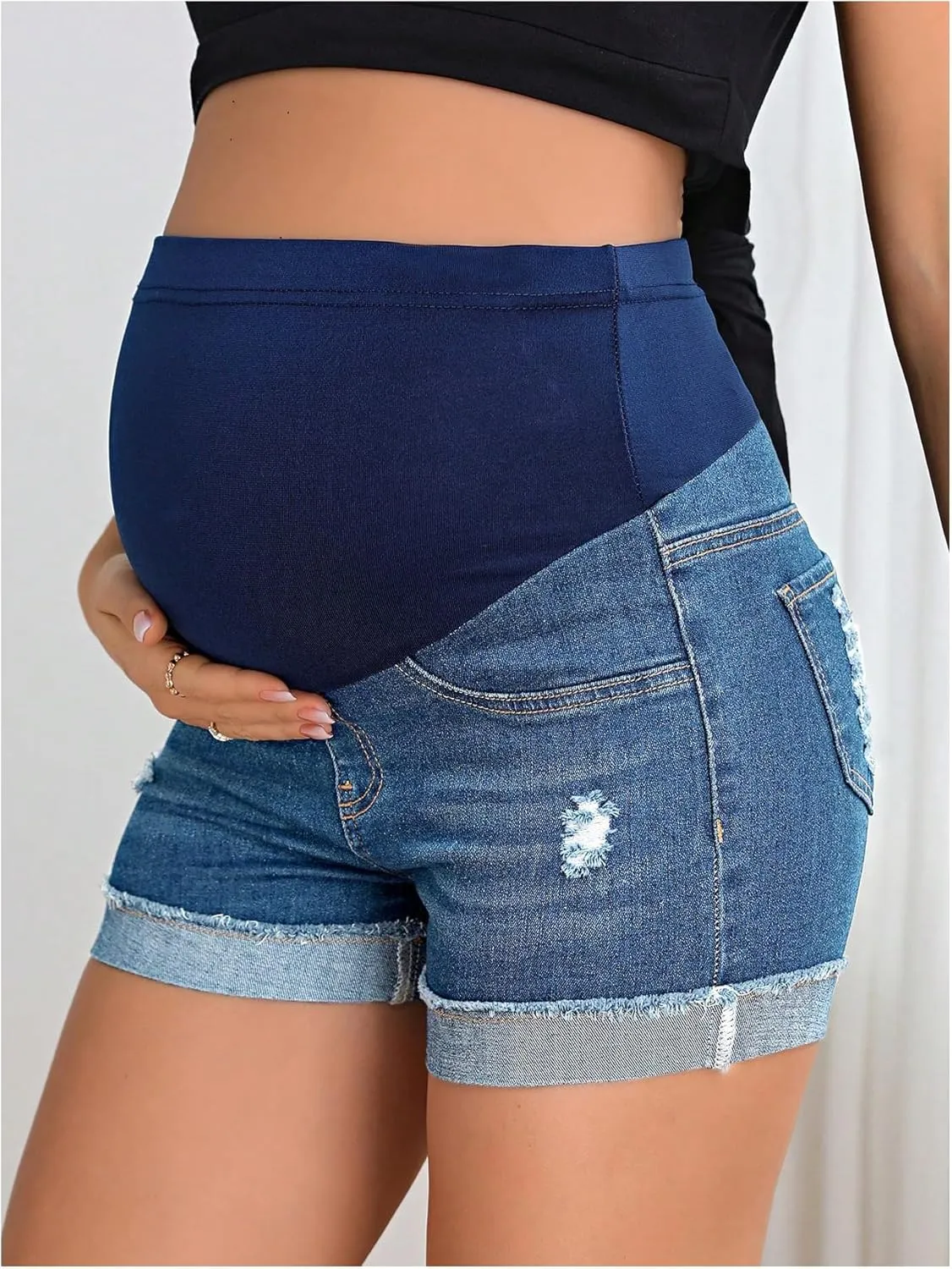 Women's Maternity Adjustable High Waist Ripped Roll Up Hem Denim Mini Shorts with Pocket