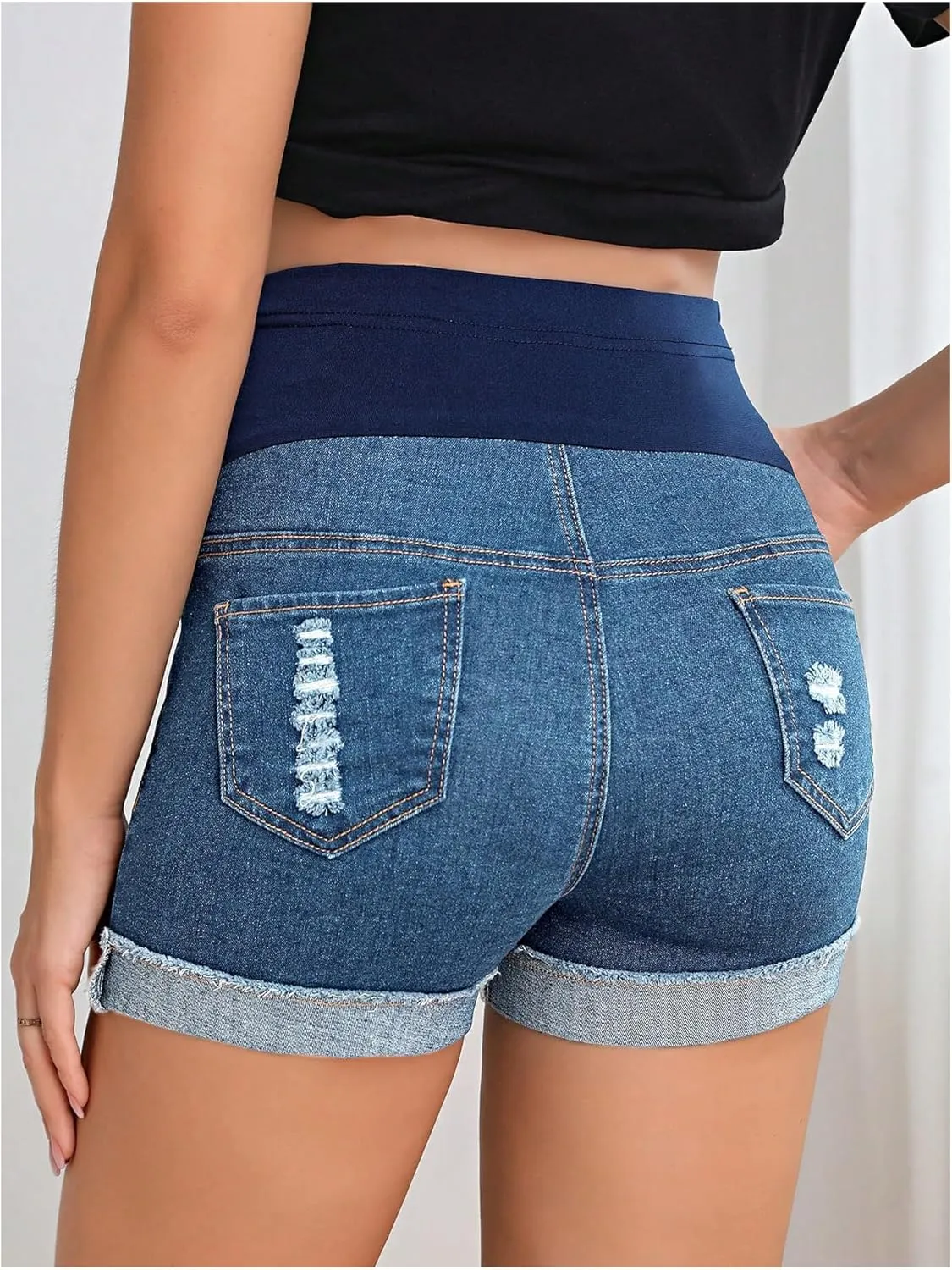 Women's Maternity Adjustable High Waist Ripped Roll Up Hem Denim Mini Shorts with Pocket