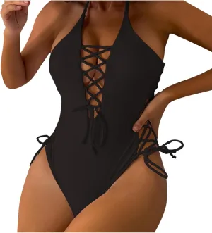 Women's One Piece Bathing Suits Backless Swimwear Sexy Bathing Suits Halter Tie Back Swim Suits Trendy Swimsuits 2025