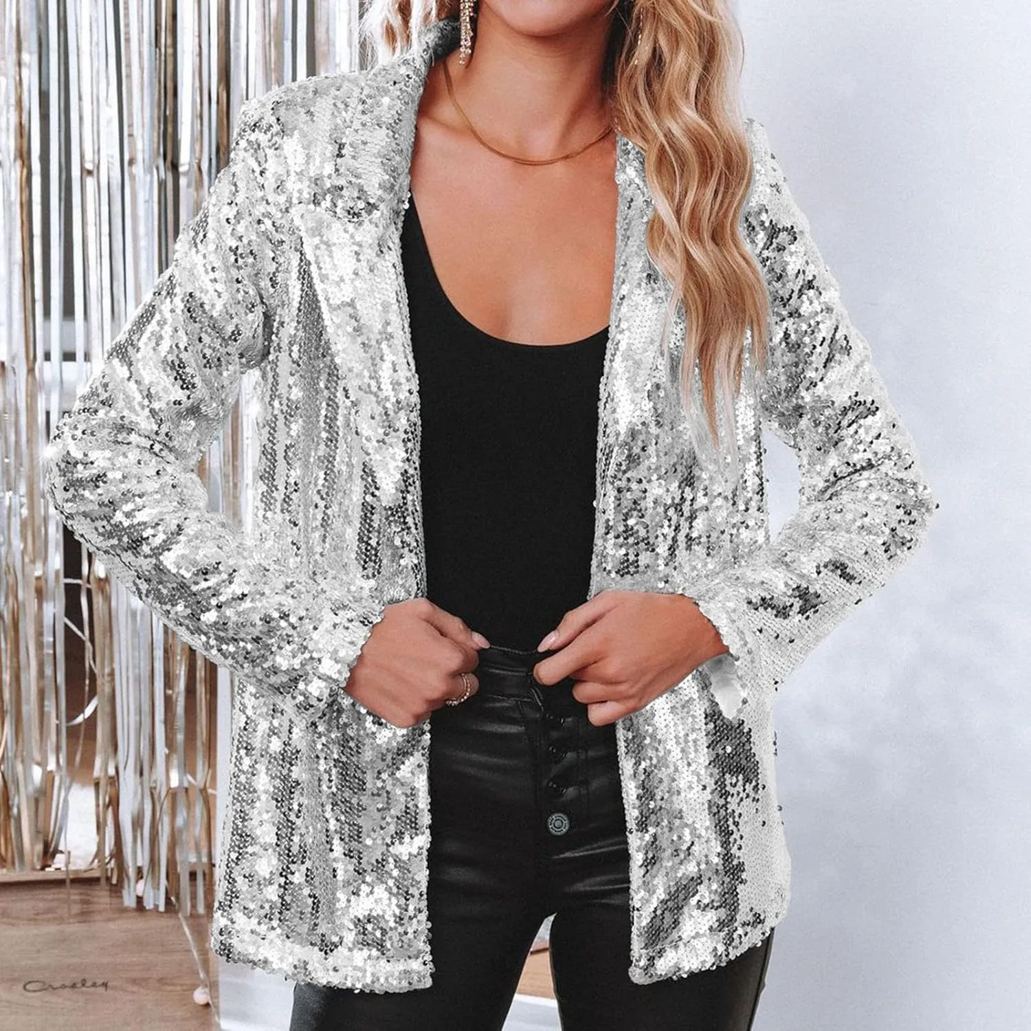 Womens Sequin Casual Blazers Lapel Long Sleeve Jacket Coat Business Open Front Cardigan Blazer 2024 Fall Party Suits