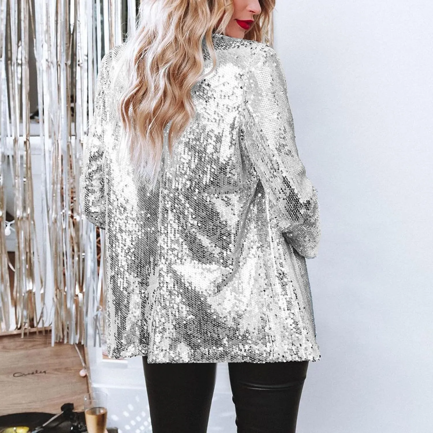 Womens Sequin Casual Blazers Lapel Long Sleeve Jacket Coat Business Open Front Cardigan Blazer 2024 Fall Party Suits